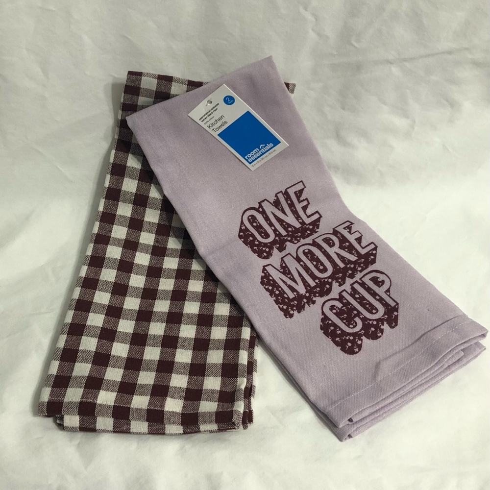 2PK kitchen Towels one more cup graphic purple/ burgundy plaid. 16inX25in